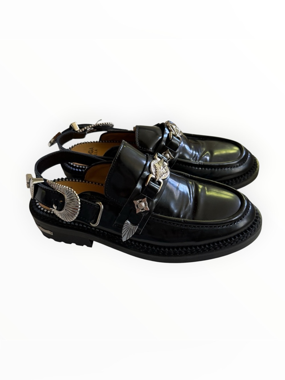 TOGA Pulla Black Leather Slingback mule Loafers with Silver Hardware EUC